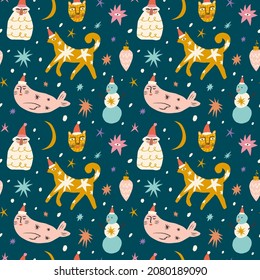 Christmas doodle animals childish cartoon doodles boho naive funky handdrawn style art seamless pattern vector