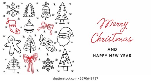 Natal doodle elementos de arte com Feliz Natal e Feliz Ano Novo texto para eventos de férias e projetos de férias de inverno. Vetor.