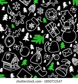 Christmas doodle background, seamless pattern with hand drawn new year elements on black background