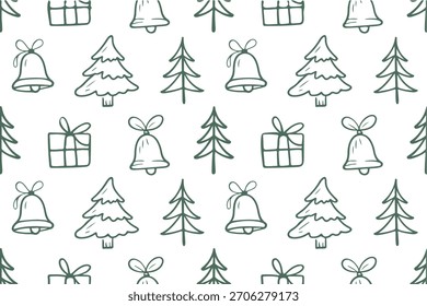 Christmas Doodle Background. Seamless Christmas Pattern with Hand-Drawn Trees, Bells, and Gifts. Holiday Doodle Pattern Featuring Christmas Trees and Gift Boxes. Festive Winter Pattern.