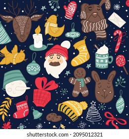 Christmas doodle with caps, gifts, egg nog, cookies, candies and ribbons. 