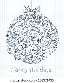 Christmas doodle card with decoration ball silhouette