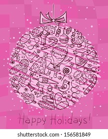 Christmas doodle card with decoration ball silhouette