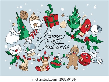 Christmas doodle card with gifts, sweets, Christmas tree decorations