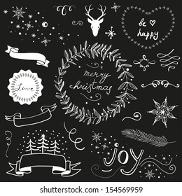 Christmas doodle chalkboard graphic set: deer head, hearts, laurel, wreaths, snowflakes, ribbons and labels.