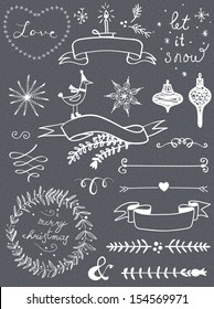 Christmas doodle chalkboard graphic set: deer head, hearts, laurel, wreaths, snowflakes, ribbons and labels.