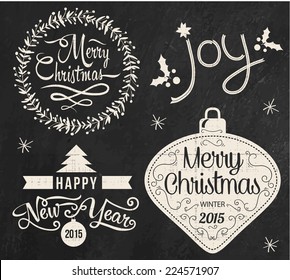 Christmas doodle chalkboard graphic set: Merry Christmas, Happy New Year and Joy. Collection of typography chalk design elements. 