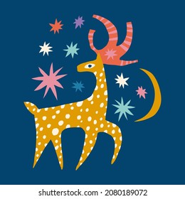 Christmas doodle character deer childish cartoon boho naive funky handdrawn style art vector 