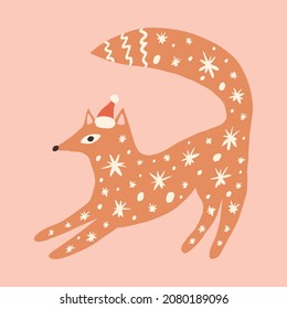 Christmas doodle character fox Santa childish cartoon boho naive funky handdrawn style art vector 