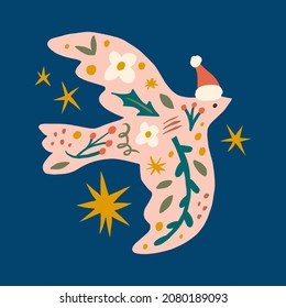 Christmas doodle character ornate scandinavian bird childish cartoon boho naive funky handdrawn style art vector 