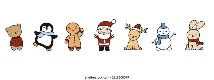 Christmas doodle characters: bear, penguin, gingerbread man, deer, snowman and bunny