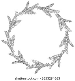 Christmas doodle circle frame with fir tree branches in minimal style. Vector hand drawn illustration for holiday packaging, winter design, seasonal decor isolated on white with copy space
