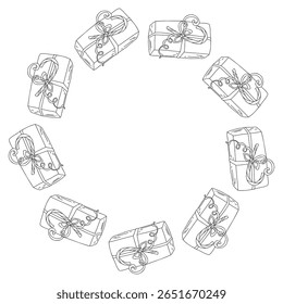 Christmas doodle circle  frame with wrapped gifts, New Year presents. Vector hand drawn illustration for holiday packaging, seasonal, winter decor,  party design isolated on white with copy space