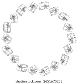 Christmas doodle circle  frame with wrapped gifts, New Year presents. Vector hand drawn illustration for holiday packaging, seasonal, winter decor,  party design isolated on white with copy space