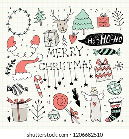 Christmas Doodle Clip Art Collection. Pencil Drawing. New year drawings. Merry Christmas. Christmas Design Elements and Symbols. Vector Illustration.