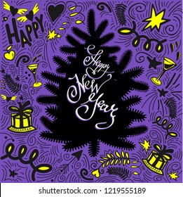 Christmas Doodle Collection. Colorful congratulations card with the silhouette of tree and Happy New Year hand drawn calligraphy phrase. Vector Illustration.