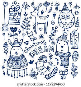 Christmas Doodle Collection. Hand Drawing Bear, Owl, Rabbit, Presents, Deer, Bird, Floral Elements, Mistletoe, Sock, Bulb, Hearts.