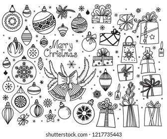 Christmas doodle collection. Hand drawn cartoon gift boxes in various shapes, balls, bells and toys with ribbons and bow. Vector illustration isolated on white background. Design elements collection.