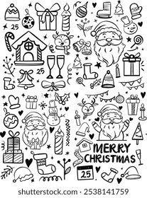 Christmas doodle collection, hand drawn new year elements, Christmas clipart collectionChristmas design elements in outline doodle style