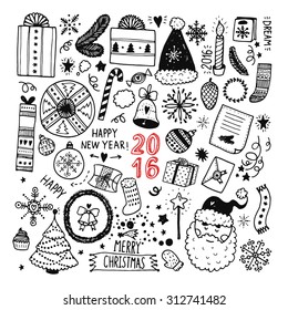 Christmas doodle collection, hand drawn new year elements for isolated on white background
