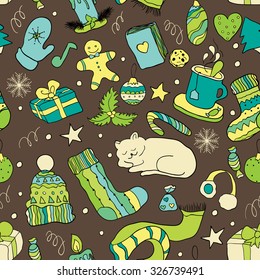 Christmas doodle collection, hand drawn new year elements. Seamless pattern for your design.
