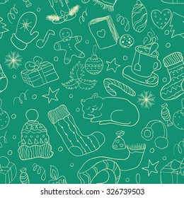 Christmas doodle collection, hand drawn new year elements. Seamless pattern for your design.