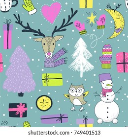 Christmas doodle collection, hand drawn new year elements. Seamless pattern for your design.