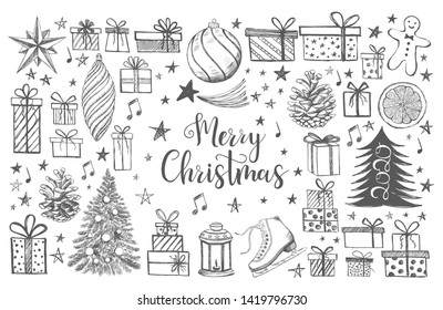 Christmas Doodle collection. Merry Christmas and New Year set. 