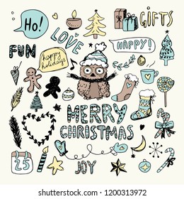 Christmas Doodle Collection. Pencil Drawing. New year drawings. Love, Fun, Joy. Christmas Elements and Symbols