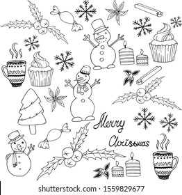 Christmas doodle collection with snowmans, cupcake, candys, holy, cup, snowflake, cinnamon, candle.Vector hand drawn elements isolated on white.Design for seasonal cards, posters and printed materials