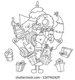 Christmas Doodle Coloring Page. Santa With Gifts And Kawaii Animals. Christmas Tree And Decorations. Easy To Change Colors, Vector Illustration.