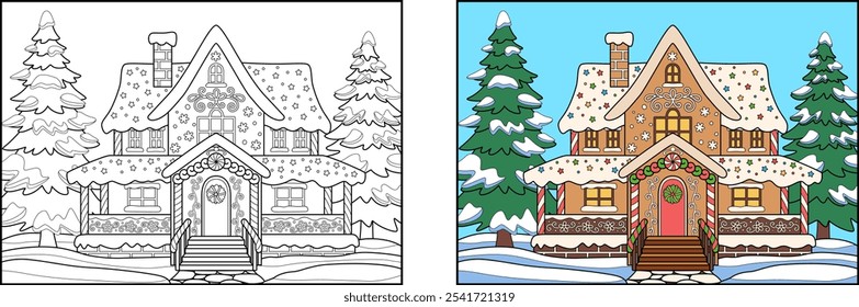 Christmas doodle coloring sweet gingerbread house on a snowy meadow with fir trees. Antistress coloring for adults and children. Black and white outline illustration. Hint for coloring.