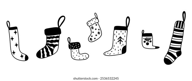 Christmas doodle cozy socks collection. Vector hand drawn elements isolated on white background. Design for seasonal cards, posters and printed materials