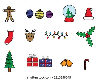 Christmas doodle design cute carol gingerbread santa hat sock cane jingle bells presents deer bulb vector design