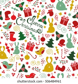 Christmas doodle design elements seamless pattern, vector Merry Christmas background. Winter holiday pattern, cute childish figures.