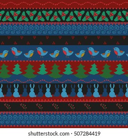 Christmas doodle design elements seamless pattern, vector Merry Christmas borders. Winter holiday pattern, cute figures. Dark colored stripes background