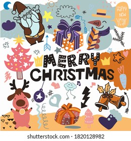 Christmas doodle drawing collection.Hand drawn vector doodle illustrations in colorful cartoon style.