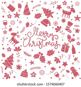 Christmas doodle element icon background. set of cute flat illustration christmas decorations, Pattern for printable greeting card and gift wrapping, decoration card, banner