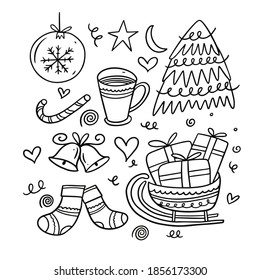 Christmas doodle elements. Cartoon hand draw coloring. Vector illustration. Isolated on white background.
