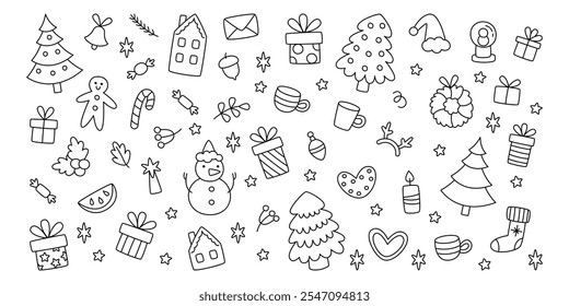 Elementos de doodle de Natal conjunto com lanche de comida, itens decorativos, atributos festivos, presentes. Coleção de esboço desenhado à mão feriados de inverno suprimentos para convites, cartões de saudação ilustração vetor