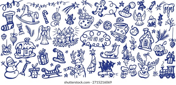 Conjunto de Elementos de Navidades doodle, iconos de invierno dibujados a mano