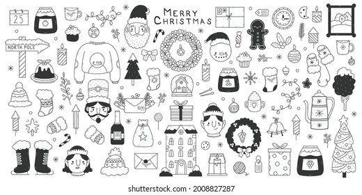 Christmas doodle elements. Winter holidays hand drawn Santa, snowflakes, gifts and snowman vector illustration set. Cute Christmas doodle symbols. Xmas collection with wreath, elf and bells