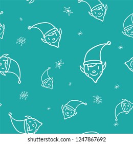 Christmas doodle elf seamless pattern on blue background. Cute winter holidays background. Baby design for textile, fabric, decor.