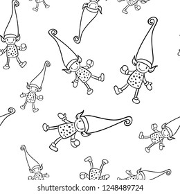 Christmas doodle elf seamless pattern on white background. Cute winter holidays background. Baby design for textile, fabric, decor.