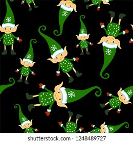 Christmas doodle elf seamless pattern on black background. Cute winter holidays background. Baby design for textile, fabric, decor.
