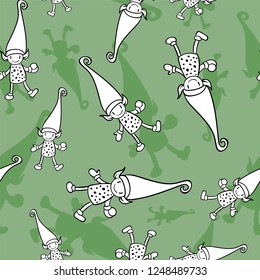 Christmas doodle elf seamless pattern on dark green background. Cute winter holidays background. Baby design for textile, fabric, decor.