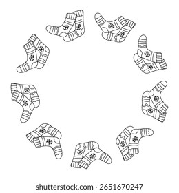 Christmas doodle frame with cozy holiday socks. Vector hand drawn illustration for winter packaging, festive labels, seasonal decor and warm gift designs isolated on white with copy space