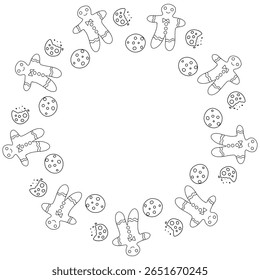 Christmas doodle frame with gingerbread cookies and festive treats. Vector hand drawn illustration for holiday packaging, seasonal labels, winter menu and decor isolated on white