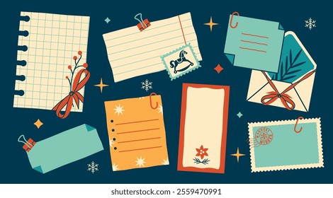 Christmas doodle frames with empty space for scribbles or writing. Hand-drawn notes, envelope, and stationery with copy space. Perfect for greeting messages, winter dairy, DIY templates, blanks, notes