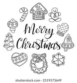 Christmas doodle gingerbreads set with calligraphy text Merry Christmas. Different kind of holiday cookies in round shape isolated on white background. Holiday design for coloring pages, stickers